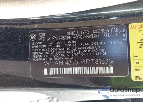 2008 BMW 750Li z USA, uszkodzony, nr VIN WBAHN83508DT81635